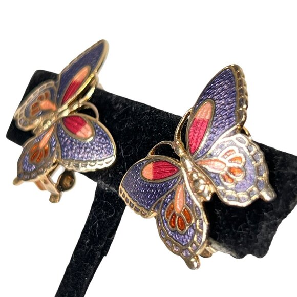 Vtg Cloisonne Butterfly Clip On Earrings Purple Red Enamel Inlaid Bug Goldtone - Picture 2 of 7